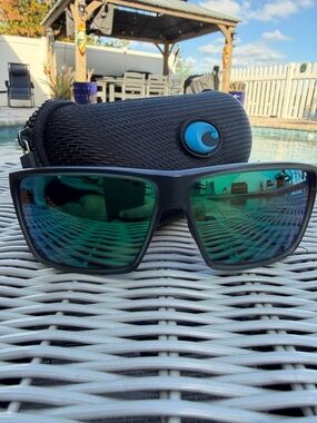 Costa Rinco Black Frame Sunglasses with Polarized Blue-Green Mirrored Lenses